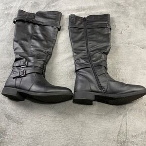 Winter Black Faux Leather Wide Calf Riding Boots Buckle Detail Size 10 WC
